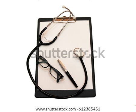 A white sheet of paper with pen, glasses and a stethoscope, on a white background