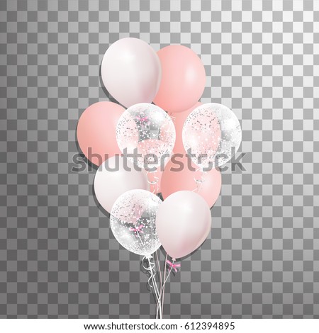 Set of pink, white transparent with confetti helium balloon isolated in the air. Party decorations for birthday, anniversary, celebration, wedding.  vector 