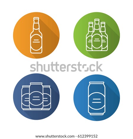 Beer bottles and cans flat linear long shadow icons set. Vector line symbols