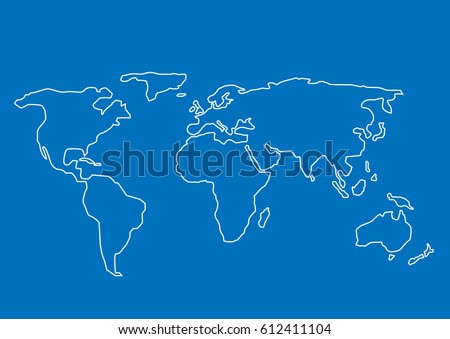 Hand drawn World map. White contour on blue background