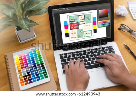 Creative Designer Graphic at work. , Illustrator Graphic designer working digital tablet and computer Color swatch samples
