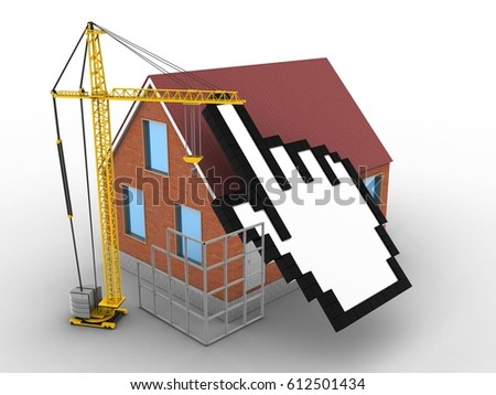 3d illustration of bricks house over white background with cursor and construction site