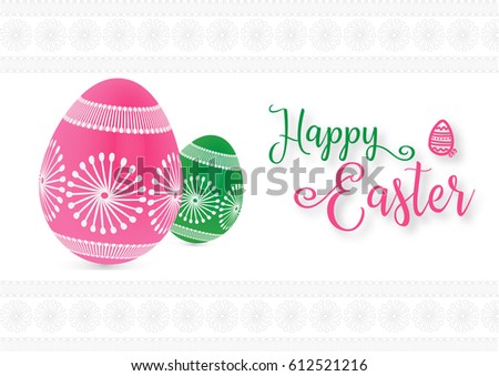 3D pink and green easter eggs on white decorative pattern background. Happy Easter background with calligraphy text clip art for web banner, border and decoration.
