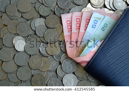 Wallet with money on coins background for saving money concept.
