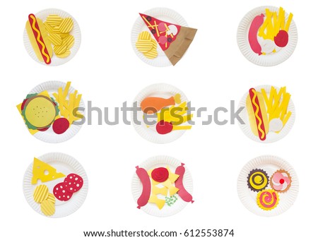 set of plates with fast food. Hot dog, chips, pizza, hamburger, french fries, chicken, salami, pasta, sausage, cupcakes. isolated.   Every item can be used separately. 