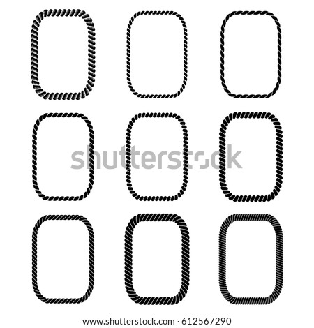 Vector set of rectangular black monochrome rope framework. Collection of thick and thin borders isolated on white background, consisting of braided cord. For decoration and design in nautical style.
