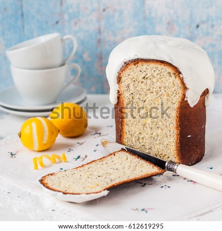 Sliced Kulich, Russian Easter Bread with Poppy Seed and Lemon Zest, square