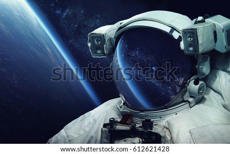 Astronaut at spacewalk. Cosmic art, science fiction wallpaper. R