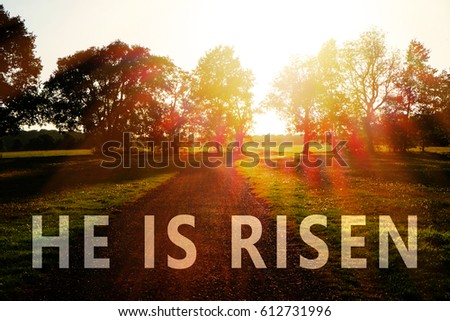 Easter quote on landscape background. Holiday celebration concept