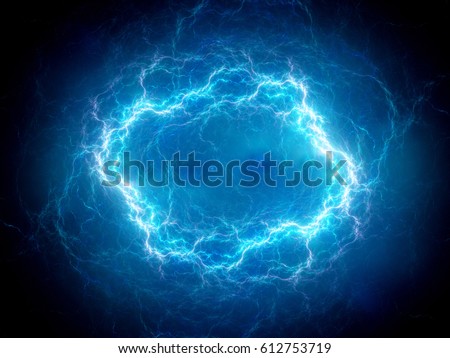 Blue glowing spherical high energy plasma lightning in space, computer generated abstract background, 3D rendering