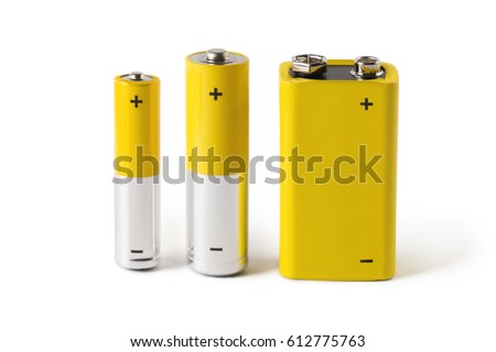 Three batteries (AAA, AA and PP3), isolated on white background Royalty-Free Stock Photo #612775763