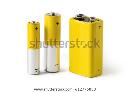 Three batteries (AAA, AA and PP3), isolated on white background Royalty-Free Stock Photo #612775838