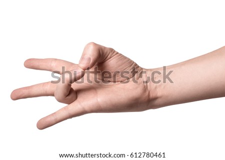 A hand showing a cartoon sign, isolated on white background