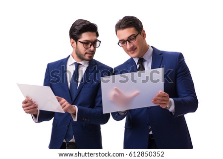 Two businessmen with virtual tablets isolated on white