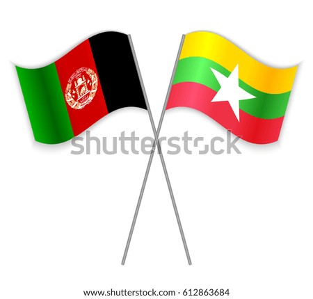 Afghan and Burmese crossed flags. Afghanistan combined with Burma isolated on white. Language learning, international business or travel concept.