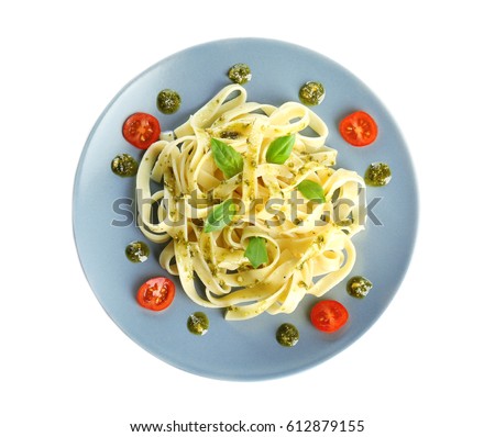 Plate with delicious pasta on white background Royalty-Free Stock Photo #612879155