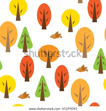 Seamless pattern with autumnal forest and birds. Vector illustration