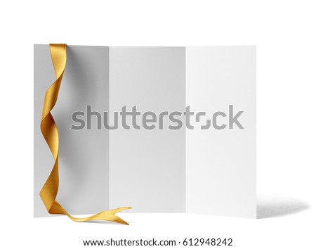 close up of a note card or leaflet brochure with ribbon bow on white background