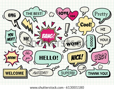 set of cute speech bubble with text in hand drawn style