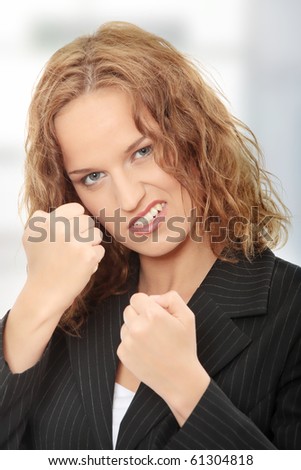 Business woman on white getting into a fight