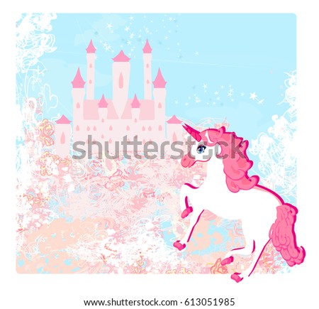  Fairytale landscape with pink magic castle and unicorn 