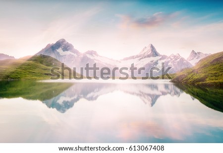 Breathtaking scene of the snowy rocky massif. Gorgeous day. Location place Bachalpsee in Swiss alps, Grindelwald, Bernese Oberland, Europe. Wonderful image of wallpaper. Explore the world's beauty.