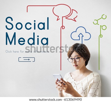 Woman working in digital device network graphic overlay banner on wall