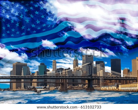 New York skyline  with American Flag in the sky, USA.