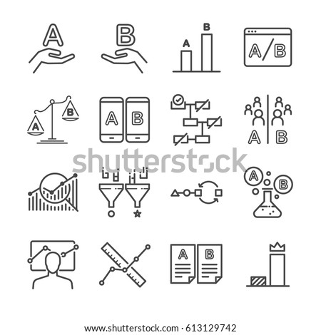 A/B testing line icon set. Included the icons as experiment, compare, filter, statistics, mobile, test and more. Royalty-Free Stock Photo #613129742