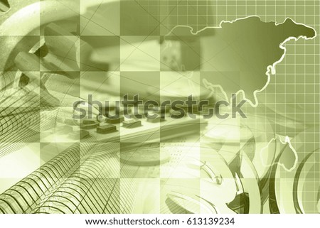 Financial background in sepia with map, money, calculator, table and pen.