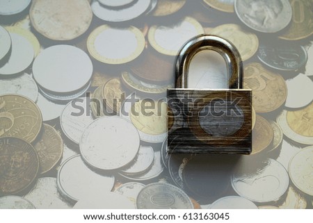 Dollar cash banknote and padlock, money security concept, double exposure