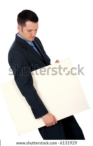 Business man holding a white card isolated over a white background