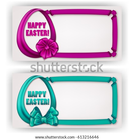 Set of elegant templates for design of invitation, gift, greeting card, banner, flyer with egg with ribbons, bow, place for text on white background. Festive Happy easter vector illustration EPS 10.