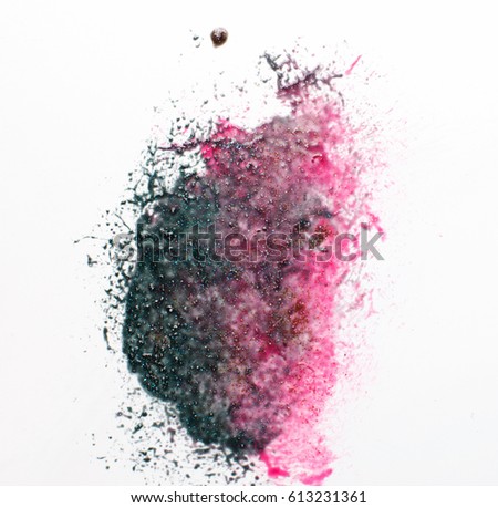 Creative abstractionism, modern art painting. Mixed pink and black colors with sparkling glitter on white background.
