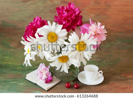 Bunch of peonies in vase and book isolated on white. Teacher's day concept
