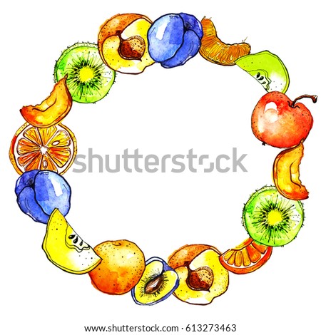 Watercolor card, postcard made up of a vintage fruit pattern - kiwi, plum, apple, slice, slice, peach, mandarin, orange, plum. With place for inscription