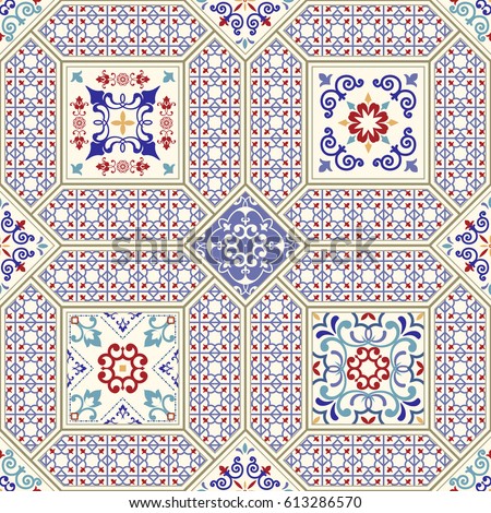 Seamless ceramic tile with colorful patchwork. Vintage multicolor pattern in Turkish style. 