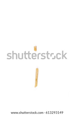 Symbol semicolon laid with french fries. Alphabet letter food. Isolated on white background.