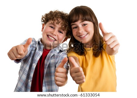 Girl and boy showing OK sign isolated on white background