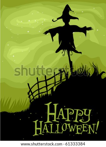 Halloween Design Featuring the Silhouette of a Scarecrow in a lonely field - Vector