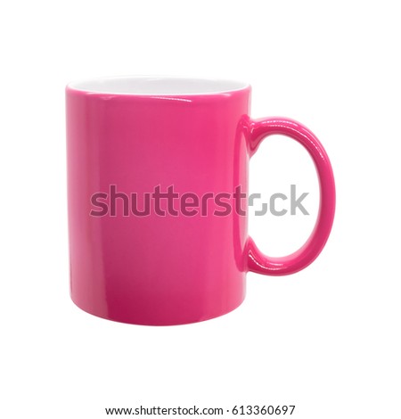 Pink mug on isolated background with clipping path. Ceramic coffee cup for montage or design.