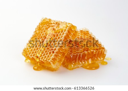 Sweet honeycomb isolated on white, bee products by organic natural ingredients concept Royalty-Free Stock Photo #613366526