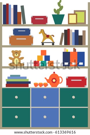 Flat design of shelving with books, boxes and toys.