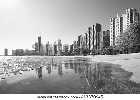 Black and white picture of Chicago waterfront skyline in the morning, view from the Michigan Lakefront, Illinois, USA. 