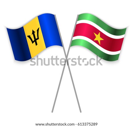 Barbadian and Surinamese crossed flags. Barbados combined with Suriname isolated on white. Language learning, international business or travel concept.