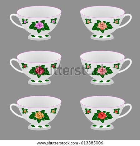 Set of white tea cups ornate with rose flowers. Isolated objects, vector illustration