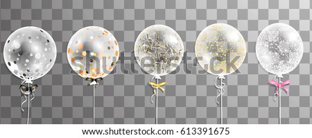 Big transparent realistic  balloons with confetti isolated. Party decorations for birthday, anniversary, celebration, wedding, event design. Vector