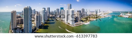 Panoramic aerial view of Downtown Miami and Brickell Key, Florida.