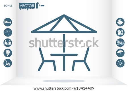vector illustration of table and chairs under sun umbrella, icon