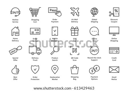 simple set of black thin line ecommerce icon. concept of personal choice on website of web store or m-commerce sign. stroke style modern logo template and graphic linear art design isolated on white Royalty-Free Stock Photo #613429463